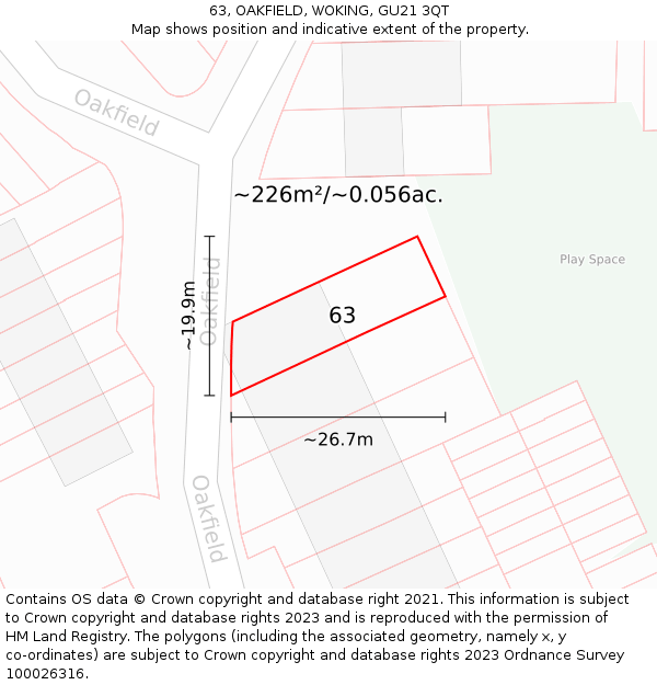 63, OAKFIELD, WOKING, GU21 3QT: Plot and title map