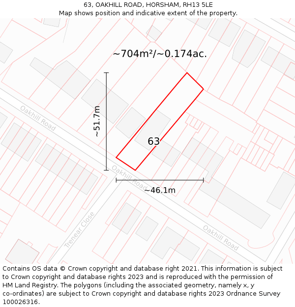 63, OAKHILL ROAD, HORSHAM, RH13 5LE: Plot and title map