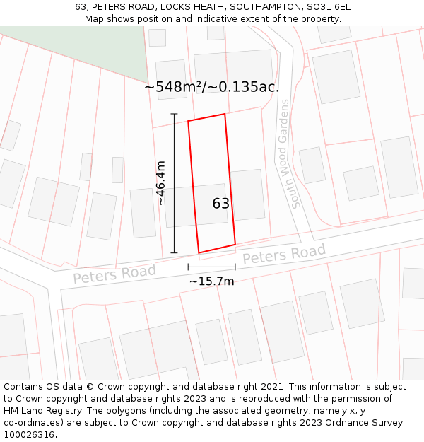 63, PETERS ROAD, LOCKS HEATH, SOUTHAMPTON, SO31 6EL: Plot and title map