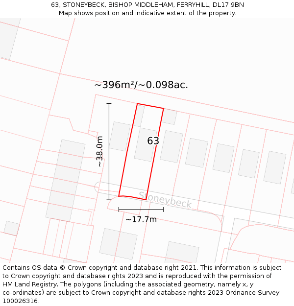 63, STONEYBECK, BISHOP MIDDLEHAM, FERRYHILL, DL17 9BN: Plot and title map