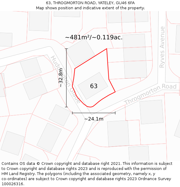 63, THROGMORTON ROAD, YATELEY, GU46 6FA: Plot and title map