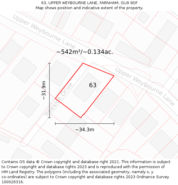 63, UPPER WEYBOURNE LANE, FARNHAM, GU9 9DF: Plot and title map