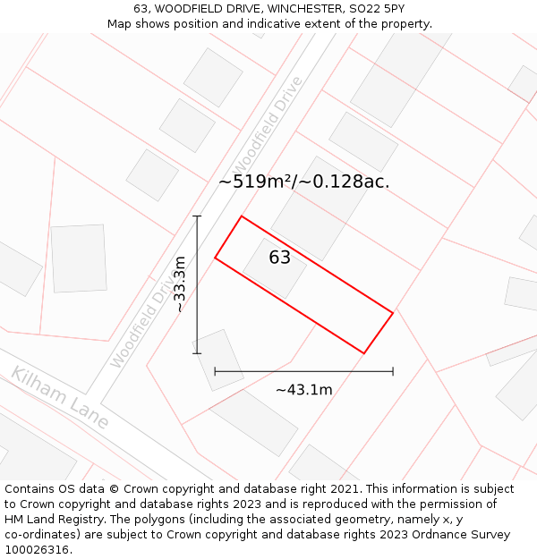 63, WOODFIELD DRIVE, WINCHESTER, SO22 5PY: Plot and title map