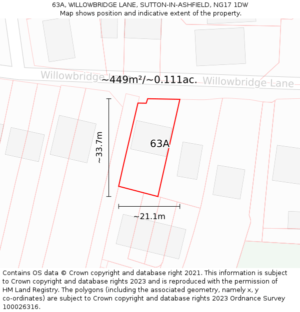 63A, WILLOWBRIDGE LANE, SUTTON-IN-ASHFIELD, NG17 1DW: Plot and title map