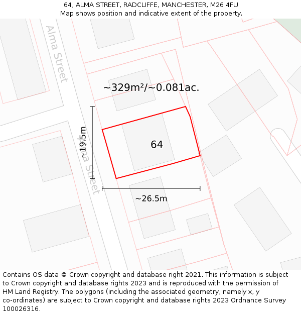 64, ALMA STREET, RADCLIFFE, MANCHESTER, M26 4FU: Plot and title map