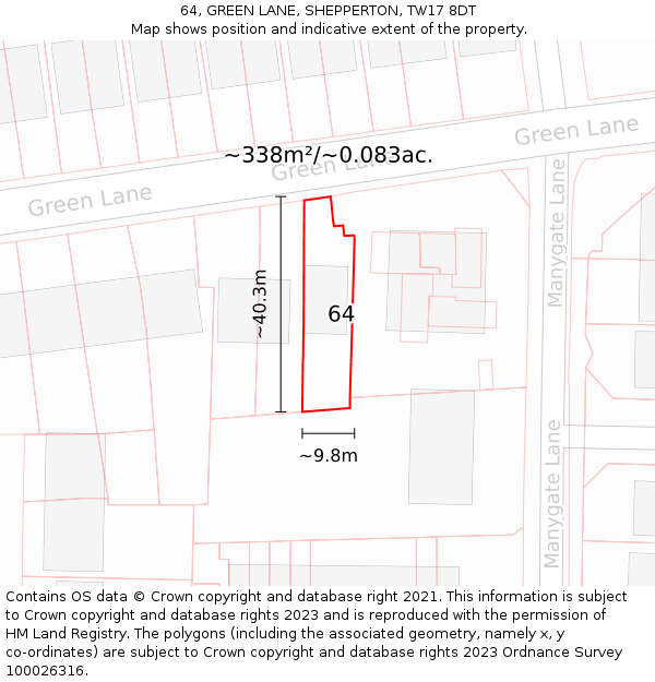 64, GREEN LANE, SHEPPERTON, TW17 8DT: Plot and title map