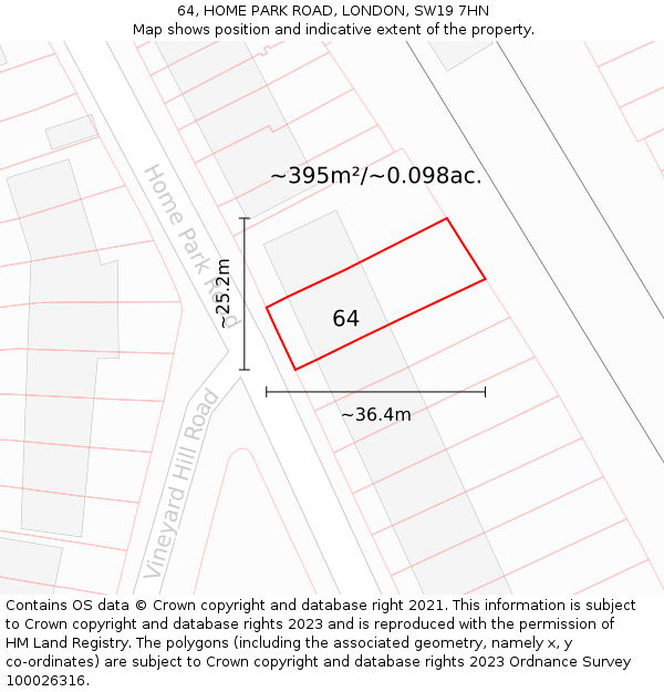 64, HOME PARK ROAD, LONDON, SW19 7HN: Plot and title map