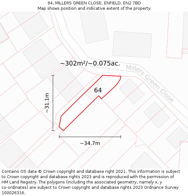 64, MILLERS GREEN CLOSE, ENFIELD, EN2 7BD: Plot and title map