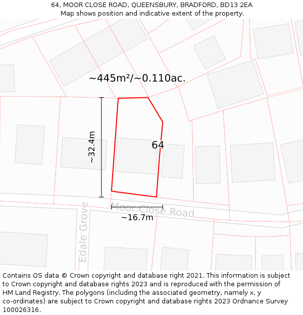 64, MOOR CLOSE ROAD, QUEENSBURY, BRADFORD, BD13 2EA: Plot and title map