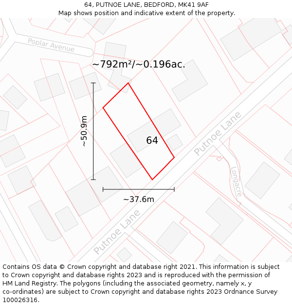 64, PUTNOE LANE, BEDFORD, MK41 9AF: Plot and title map