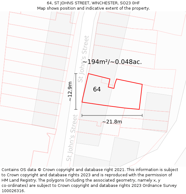 64, ST JOHNS STREET, WINCHESTER, SO23 0HF: Plot and title map