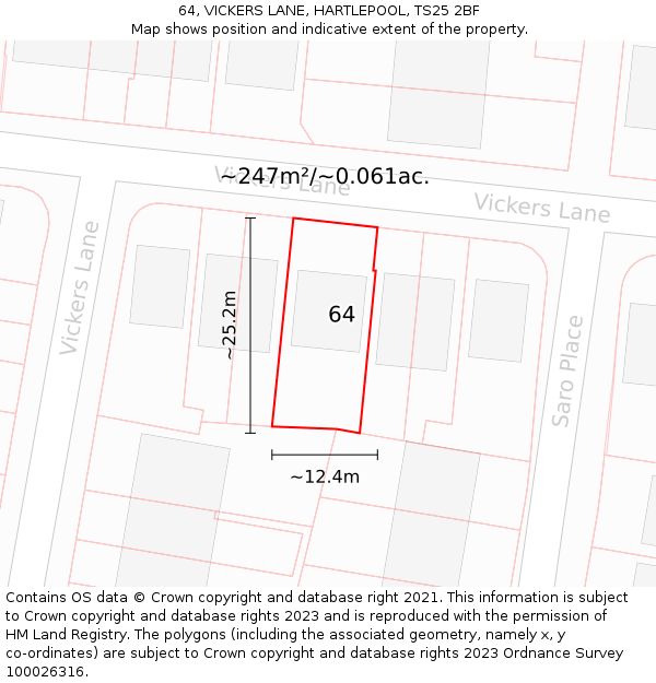 64, VICKERS LANE, HARTLEPOOL, TS25 2BF: Plot and title map