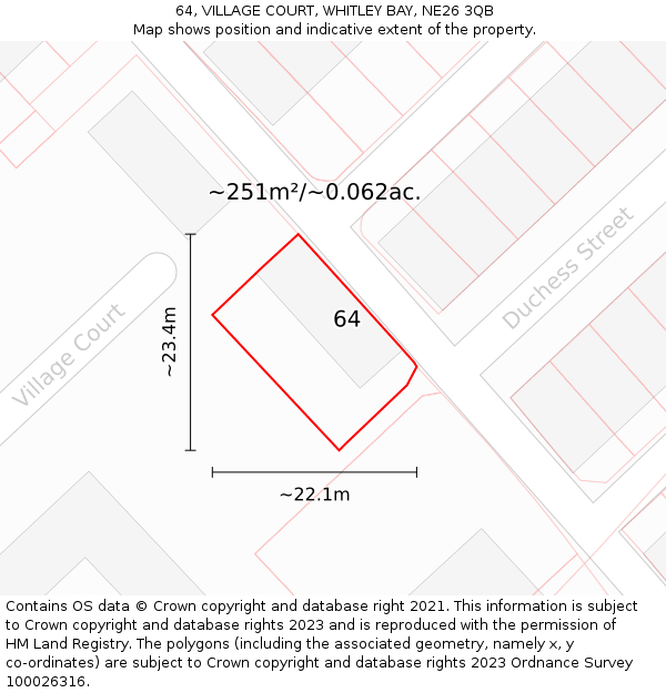 64, VILLAGE COURT, WHITLEY BAY, NE26 3QB: Plot and title map