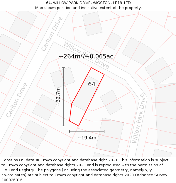 64, WILLOW PARK DRIVE, WIGSTON, LE18 1ED: Plot and title map