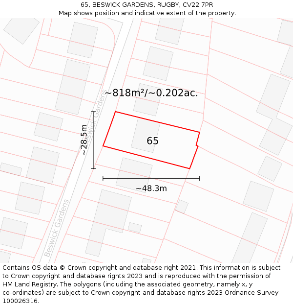 65, BESWICK GARDENS, RUGBY, CV22 7PR: Plot and title map