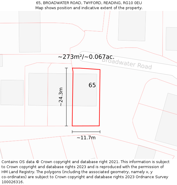 65, BROADWATER ROAD, TWYFORD, READING, RG10 0EU: Plot and title map