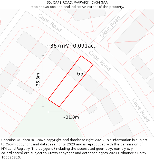 65, CAPE ROAD, WARWICK, CV34 5AA: Plot and title map