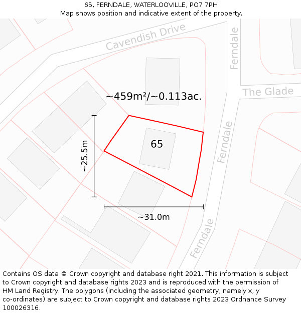 65, FERNDALE, WATERLOOVILLE, PO7 7PH: Plot and title map