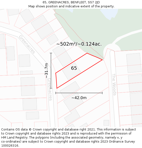 65, GREENACRES, BENFLEET, SS7 2JD: Plot and title map