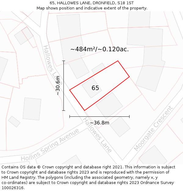 65, HALLOWES LANE, DRONFIELD, S18 1ST: Plot and title map