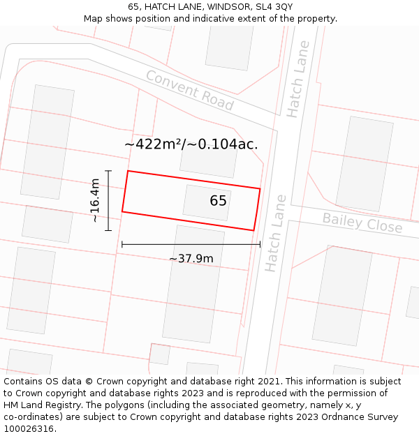 65, HATCH LANE, WINDSOR, SL4 3QY: Plot and title map