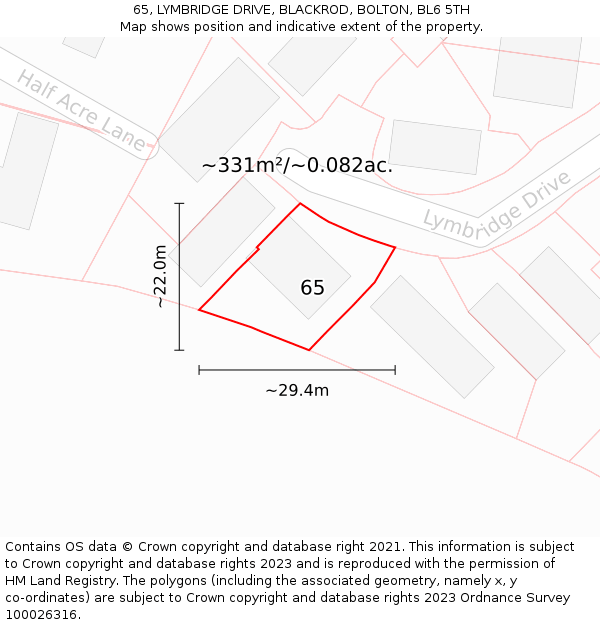 65, LYMBRIDGE DRIVE, BLACKROD, BOLTON, BL6 5TH: Plot and title map