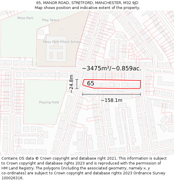 65, MANOR ROAD, STRETFORD, MANCHESTER, M32 9JD: Plot and title map