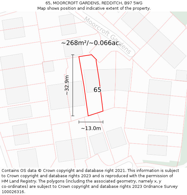 65, MOORCROFT GARDENS, REDDITCH, B97 5WG: Plot and title map
