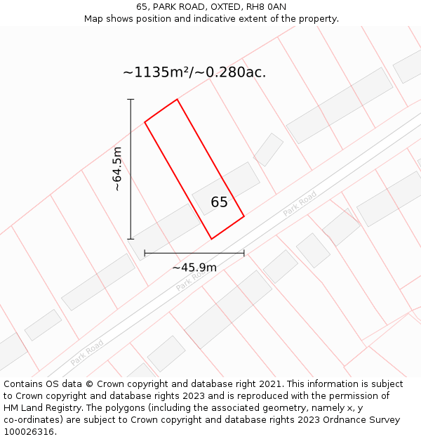 65, PARK ROAD, OXTED, RH8 0AN: Plot and title map