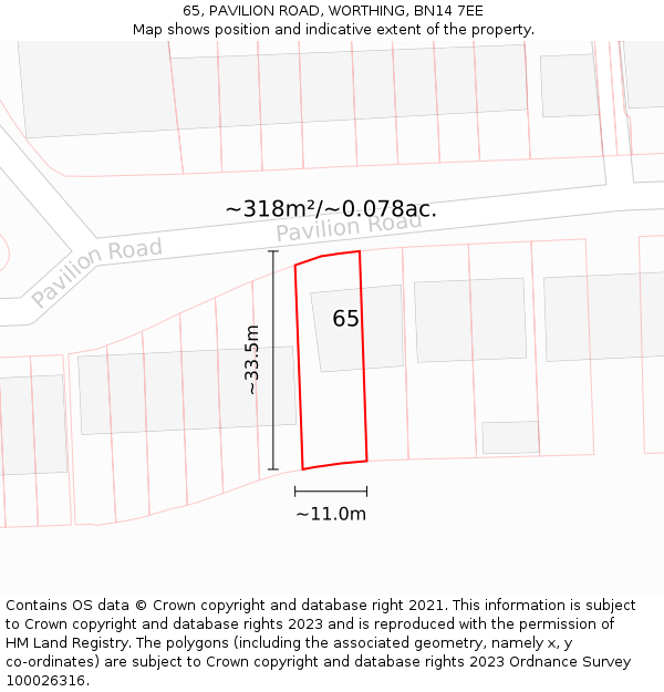 65, PAVILION ROAD, WORTHING, BN14 7EE: Plot and title map