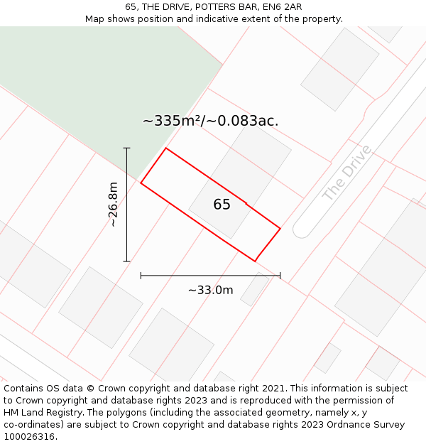 65, THE DRIVE, POTTERS BAR, EN6 2AR: Plot and title map