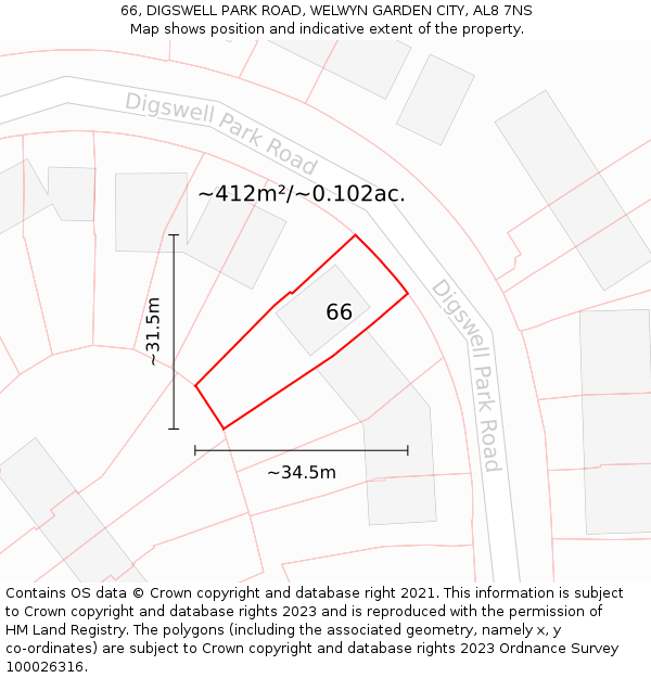 66, DIGSWELL PARK ROAD, WELWYN GARDEN CITY, AL8 7NS: Plot and title map