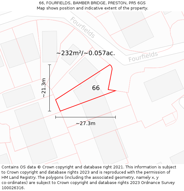 66, FOURFIELDS, BAMBER BRIDGE, PRESTON, PR5 6GS: Plot and title map