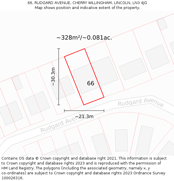 66, RUDGARD AVENUE, CHERRY WILLINGHAM, LINCOLN, LN3 4JG: Plot and title map