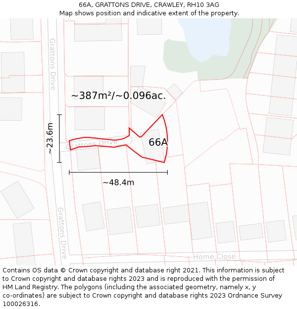 66A, GRATTONS DRIVE, CRAWLEY, RH10 3AG: Plot and title map
