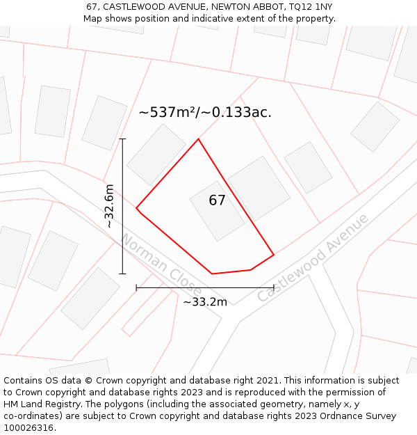 67, CASTLEWOOD AVENUE, NEWTON ABBOT, TQ12 1NY: Plot and title map