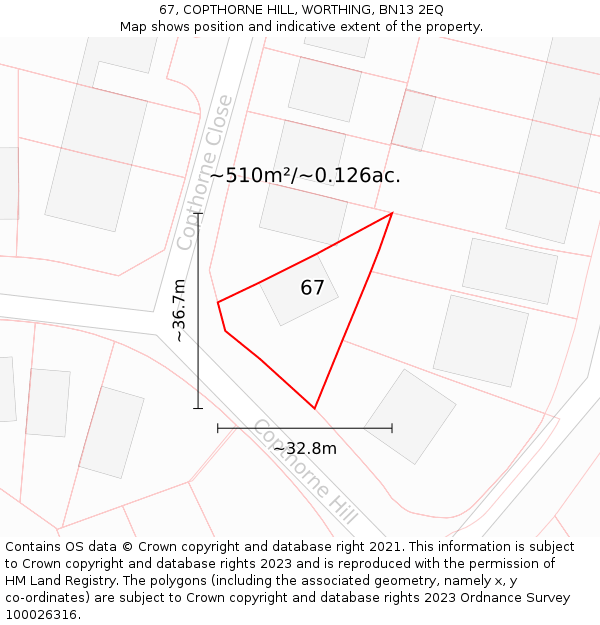 67, COPTHORNE HILL, WORTHING, BN13 2EQ: Plot and title map