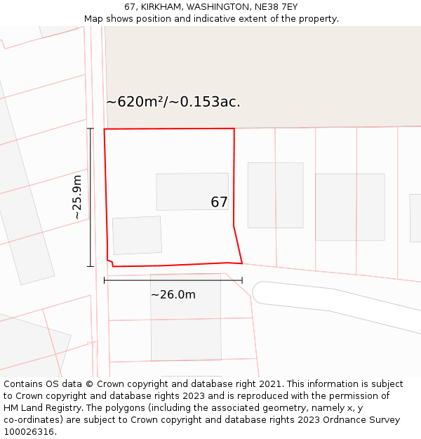 67, KIRKHAM, WASHINGTON, NE38 7EY: Plot and title map