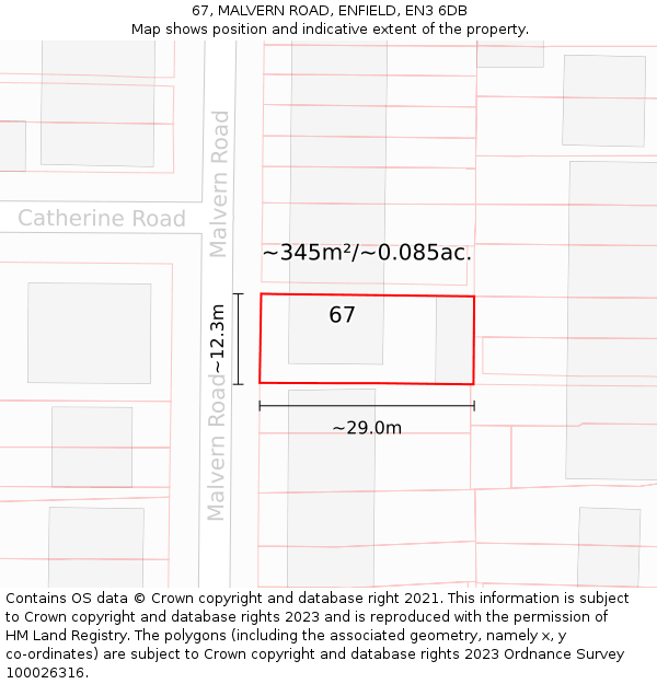 67, MALVERN ROAD, ENFIELD, EN3 6DB: Plot and title map