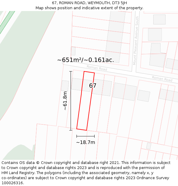 67, ROMAN ROAD, WEYMOUTH, DT3 5JH: Plot and title map