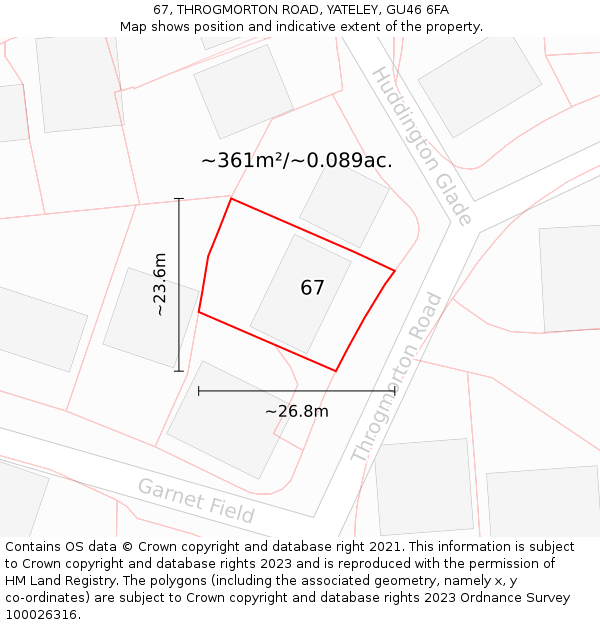 67, THROGMORTON ROAD, YATELEY, GU46 6FA: Plot and title map