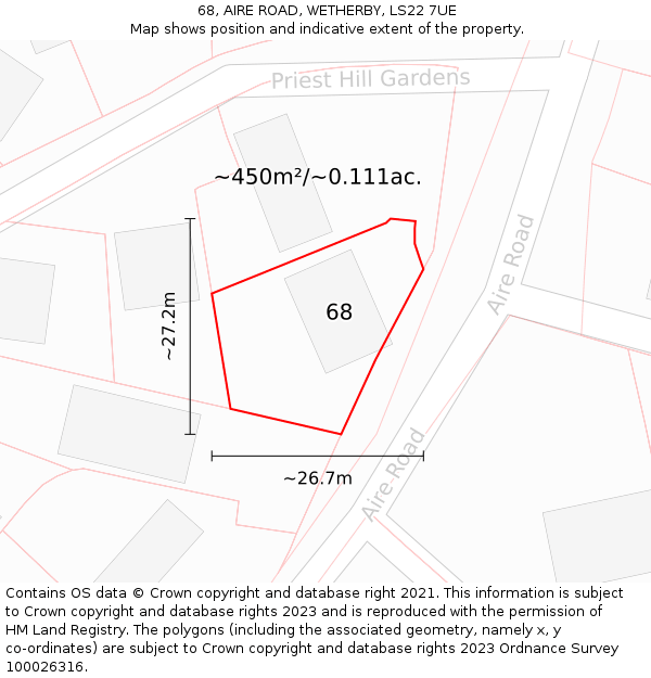 68, AIRE ROAD, WETHERBY, LS22 7UE: Plot and title map