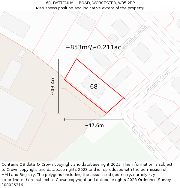 68, BATTENHALL ROAD, WORCESTER, WR5 2BP: Plot and title map