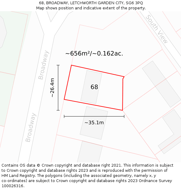 68, BROADWAY, LETCHWORTH GARDEN CITY, SG6 3PQ: Plot and title map