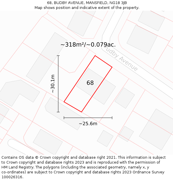 68, BUDBY AVENUE, MANSFIELD, NG18 3JB: Plot and title map