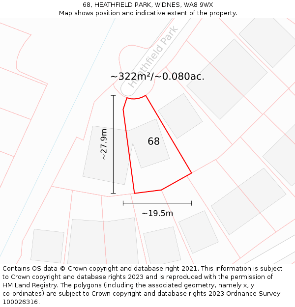 68, HEATHFIELD PARK, WIDNES, WA8 9WX: Plot and title map