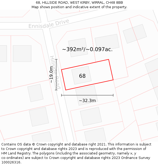 68, HILLSIDE ROAD, WEST KIRBY, WIRRAL, CH48 8BB: Plot and title map