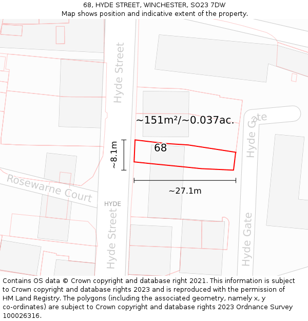 68, HYDE STREET, WINCHESTER, SO23 7DW: Plot and title map