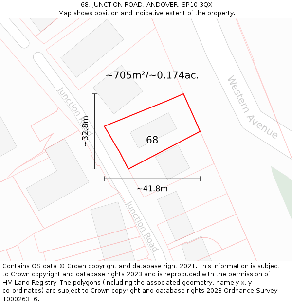 68, JUNCTION ROAD, ANDOVER, SP10 3QX: Plot and title map