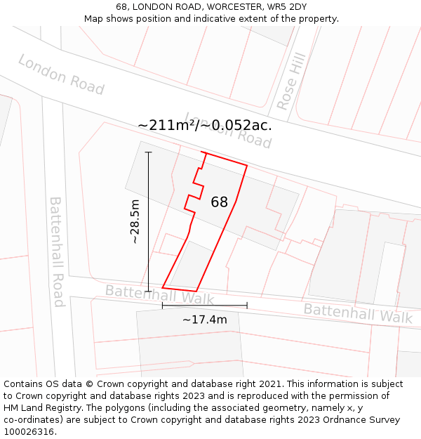68, LONDON ROAD, WORCESTER, WR5 2DY: Plot and title map
